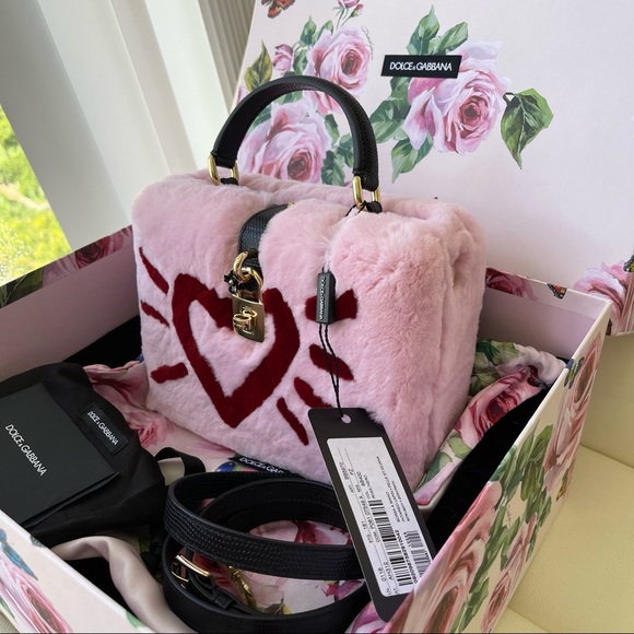 NEW Pink Leather Brand Logo Handbag Rabbit Fur Padlock Lizard - Picture 3 of 9